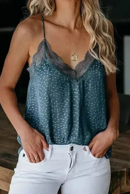 Spaghetti Strap Printed Lace Tank Top