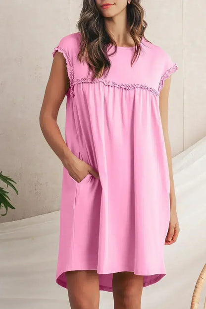 Oatmeal Frilled Trim Crewneck Loose Fit Mini Dress