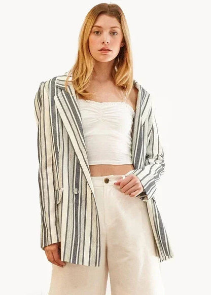 Blue White Stripe Blazer | Double Breasted Tweed Jacket - Femstylo