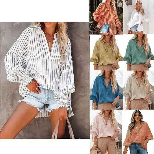 Spring And Autumn New Lapel Shirts Thin Mid Length Striped Casual Long