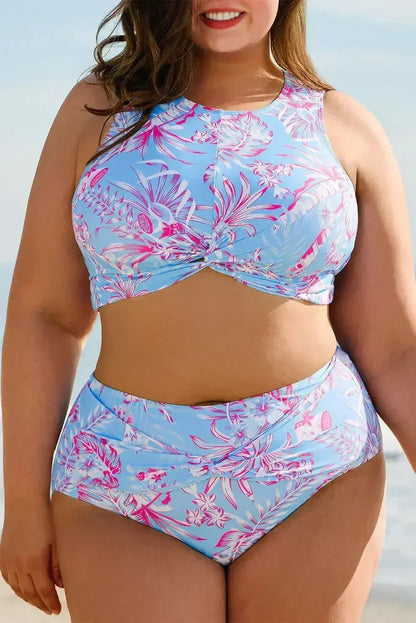 Rose Plus Size Floral Print Twisted High Waist Bikini Set