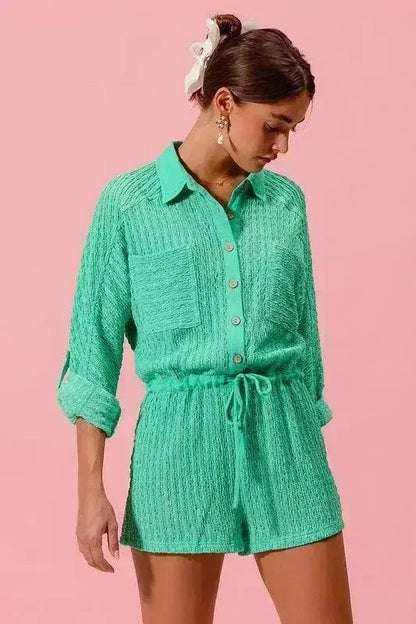 SO ME Textured Knit Button Front Romper