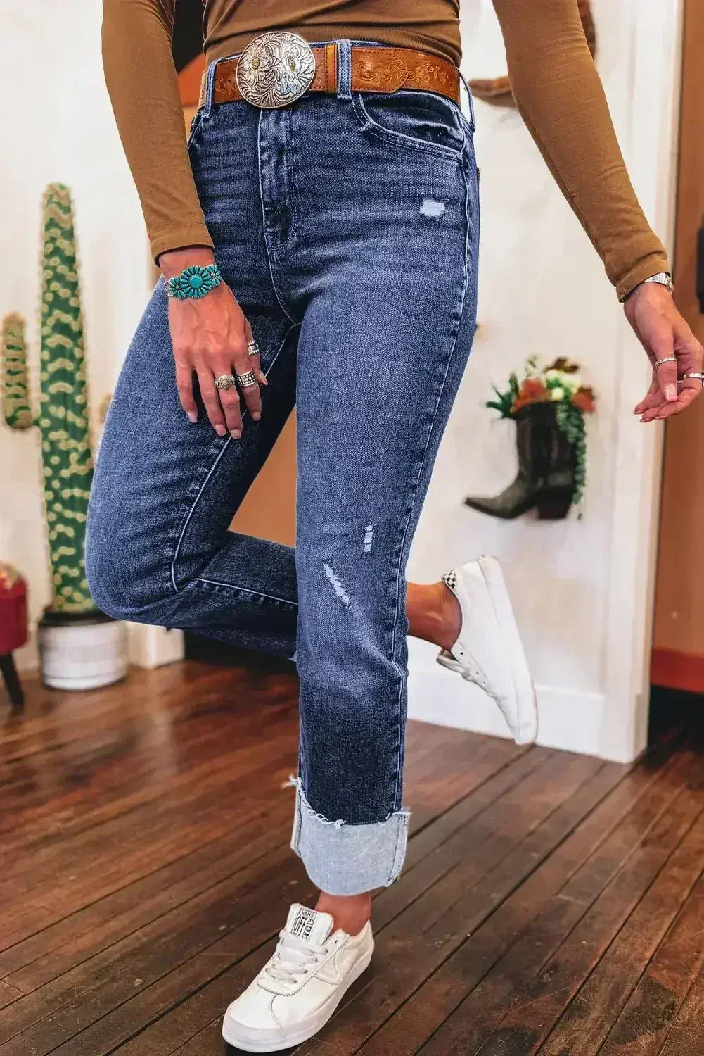 Real Teal Folded Cuffs Distressed High Waist Jeans