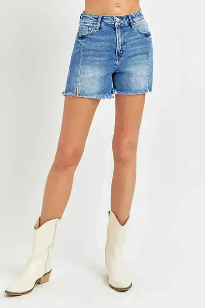Front Slit Raw Hem Denim Shorts - High Waist Edgy Style | Femstylo
