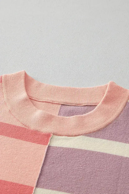 Pink Striped Patchwork Drop Shoulder Sweater