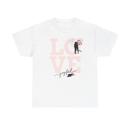 Love Kiss Graphic Tee — Romantic Valentine’s Day Shirt with 'Joyful' Script