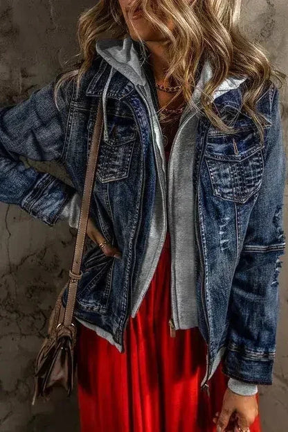 Black Fake Two-Piece Hooded Zip-Up Denim Jacket