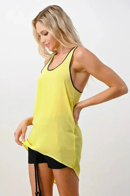 Vegan Leather Trim Tank Top - Scoop Neck Cami in Pink & Yellow | Femstylo