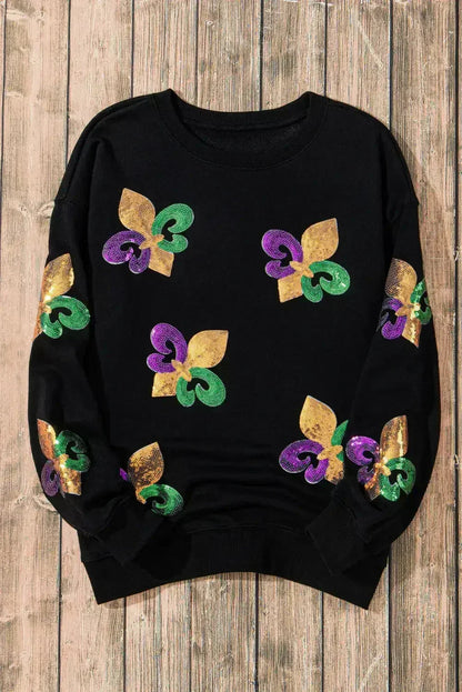 White Sequin MARDI GRAS Graphic Pullover Sweatshirt