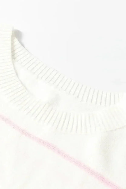 White Striped Half Sleeve Drop Shoulder Sweater