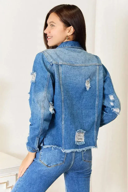 Leopard Floral Denim Jacket - Distressed Raw Hem | Femstylo