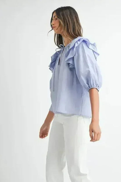 MABLE Stripe Ruffle Shoulder Puff Sleeve Blouse | Femstylo