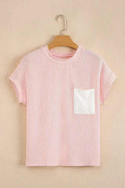 Pink Corded Colorblock Pocket Crew Neck T Shirt