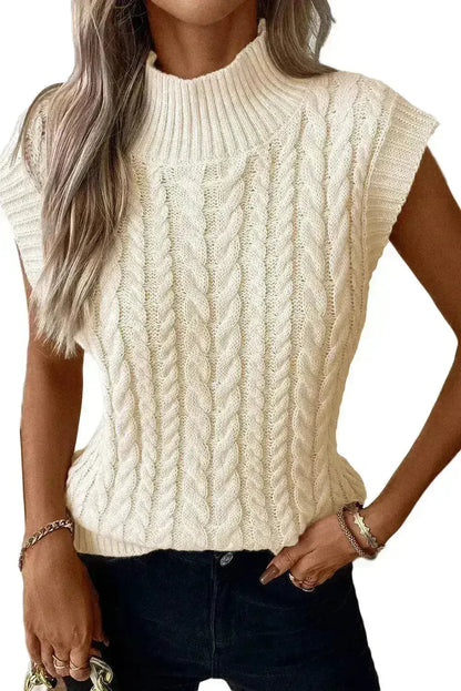 Cable Knit Sweater Vest – High Neck & Textured Oatmeal