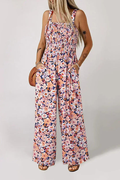 Purple Floral Square Neckline Stretch High Waist Jumpsuit