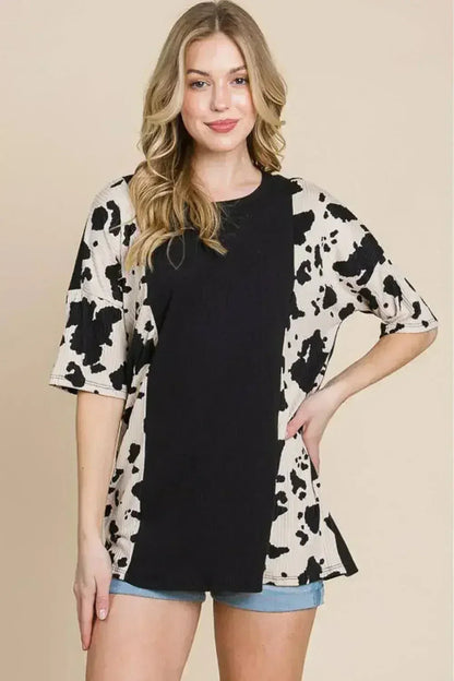 Animal Contrast Ribbed Tee - Edgy Women's Top | Femstylo