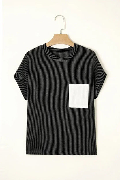 Pink Corded Colorblock Pocket Crew Neck T Shirt