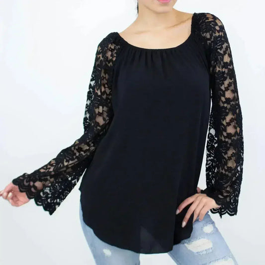 Lace Sleeve Backless Top - Black | Femstylo | Made in USA
