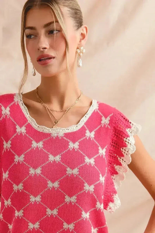 SO ME Bow Ribbon Pattern Sweater Top with Back Key Hole