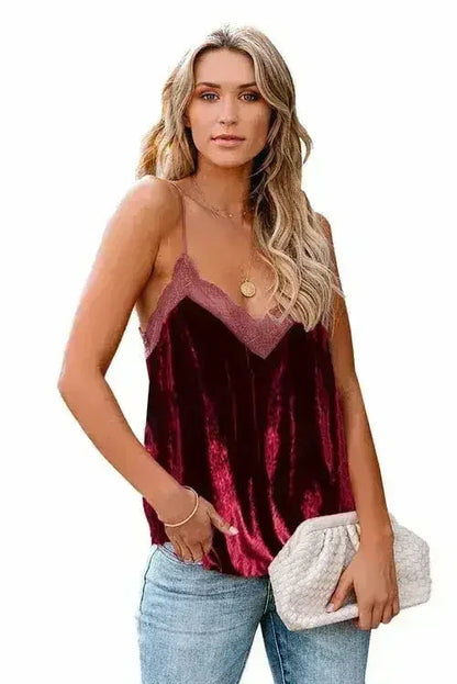 Luxury Lacy V Neck Spaghetti Straps Velvet Tank