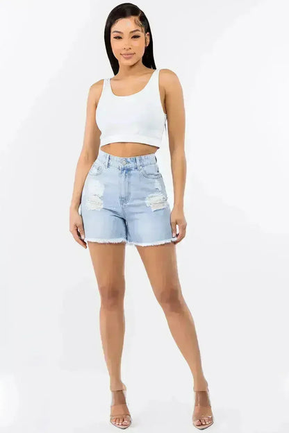 High Waist Distressed Denim Shorts - Raw Hem Style | Femstylo