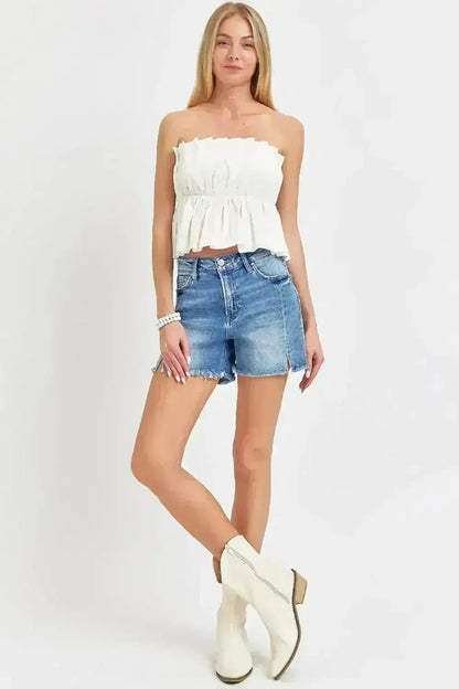 Front Slit Raw Hem Denim Shorts - High Waist Edgy Style | Femstylo