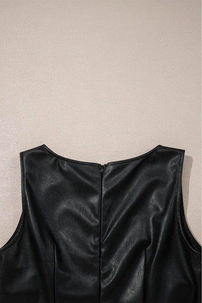 Black Faux Leather Sleeveless Round Neck Mini Dress