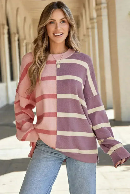 Pink Stripe Oversized Sweater - Colorblock Knit | Femstylo