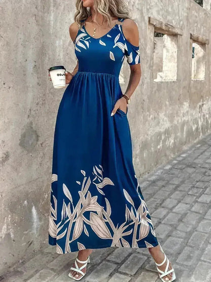 Printed Cold Shoulder Maxi Dress - Stylish Polyester Dress | Femstylo