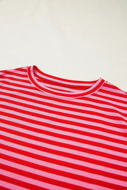 Black Stripe Ribbed Cap Sleeve Round Neck T Shirt