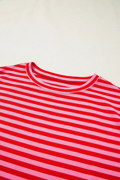 Black Stripe Ribbed Cap Sleeve Round Neck T Shirt