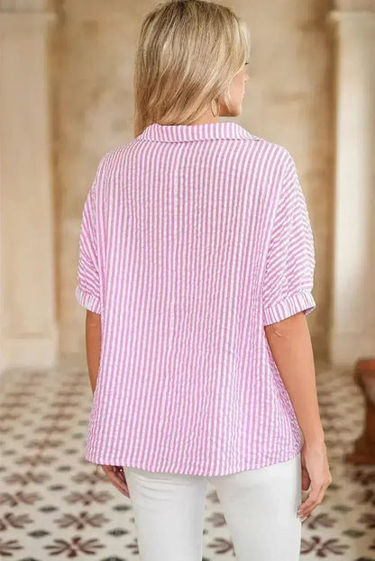 Sachet Pink Striped Dolman Sleeve Color Neckline Blouse | Femstylo