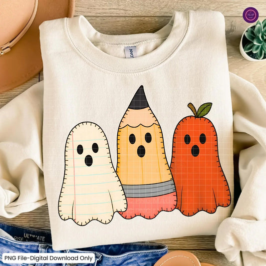 Teacher ghost paper ghost pencil ghost apple tee or sweatshirt