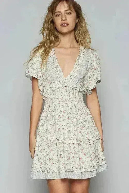 Floral V-Neck Mini Dress with Cutout Back & Frill - Femstylo