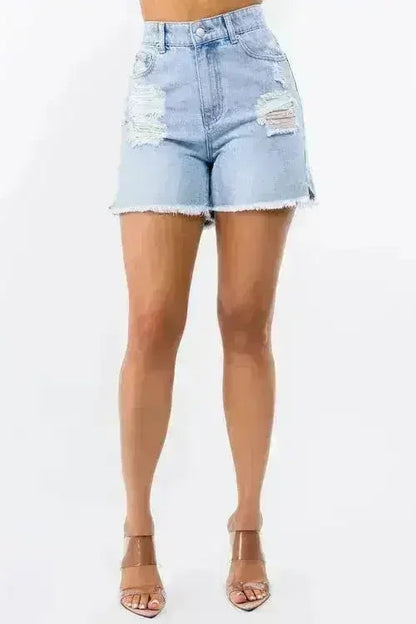 High Waist Distressed Denim Shorts - Raw Hem Style | Femstylo