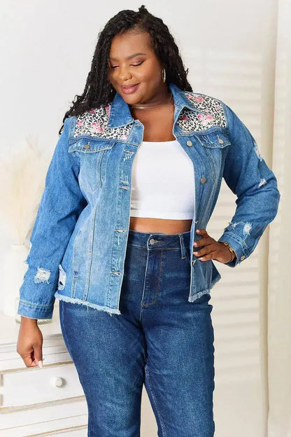 Leopard Floral Denim Jacket - Distressed Raw Hem | Femstylo