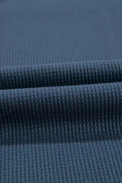 Blue Exposed Seam Drop Sleeve V Neck Waffle Textured Top