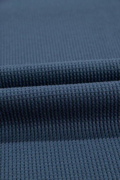 Blue Exposed Seam Drop Sleeve V Neck Waffle Textured Top