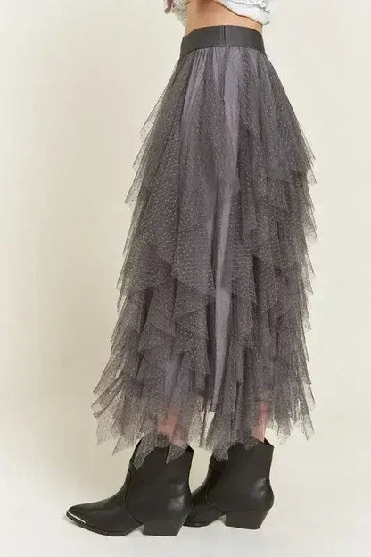 PLUS LAYER POLKA DOT MESH LINED A-LINE MIDI SKIRT