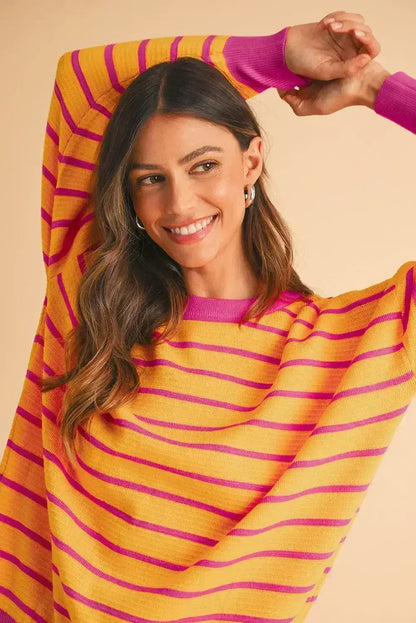 Pink Stripe Round Neck Drop Shoulder Loose Sweater