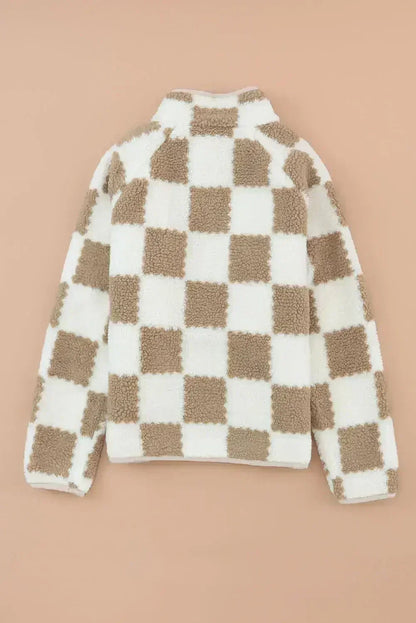 Plaid Sherpa Jacket - Brown Check Snap Button - Cozy Fleece Lined
