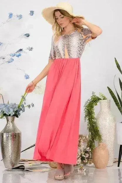 Celeste Full Size Leopard Round Neck Short Sleeve Maxi Dress Plus Size