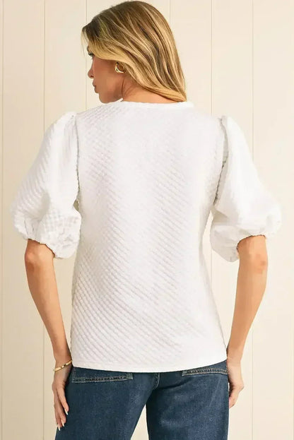 Phalaenopsis Solid Textured O Neck Puff Sleeve Blouse | Femstylo