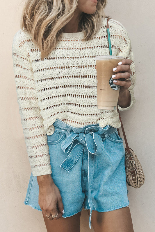 White Hollow Out Knit Round Neck Sweater