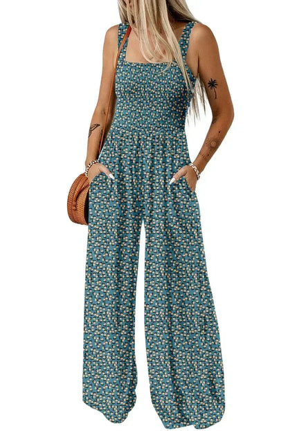 Purple Floral Square Neckline Stretch High Waist Jumpsuit