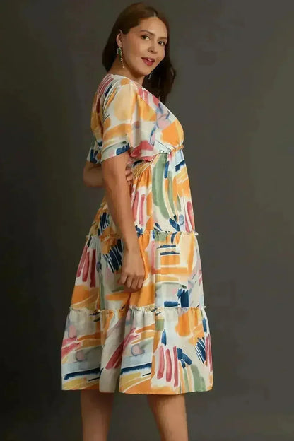 Umgee Abstract Print Midi Dress – Flutter Sleeves & Tiered Frill Detail