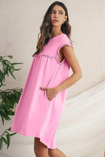 Oatmeal Frilled Trim Crewneck Loose Fit Mini Dress