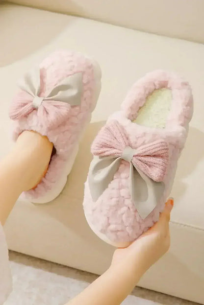 White Contrast Bowknot Applique Plush Winter Slippers