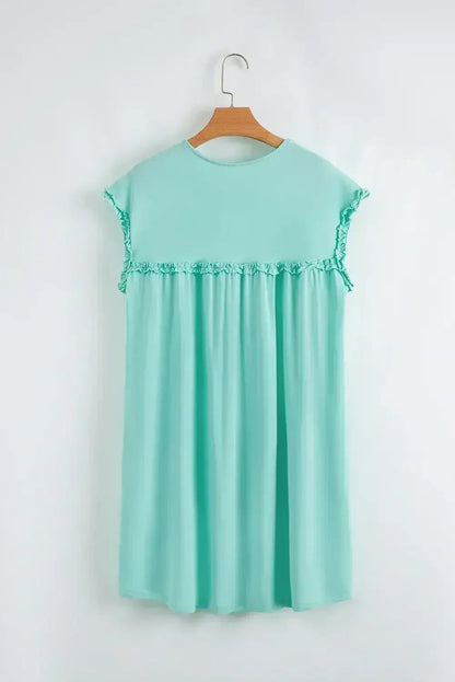 Oatmeal Frilled Trim Crewneck Loose Fit Mini Dress