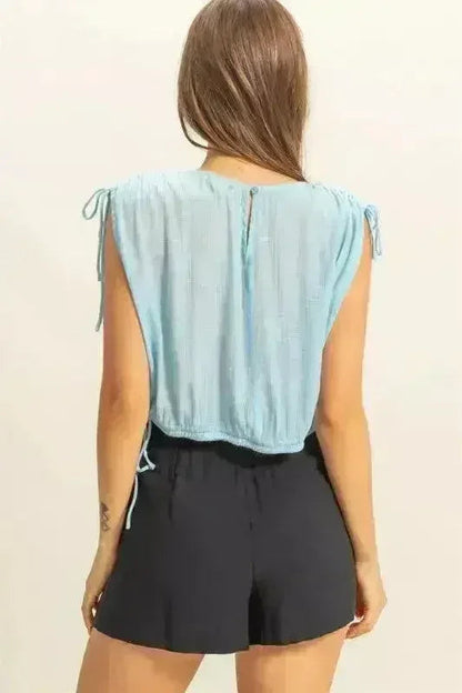 HYFVE Bubble Hem Side Tie Detail Round Neck Sleeveless Blouse